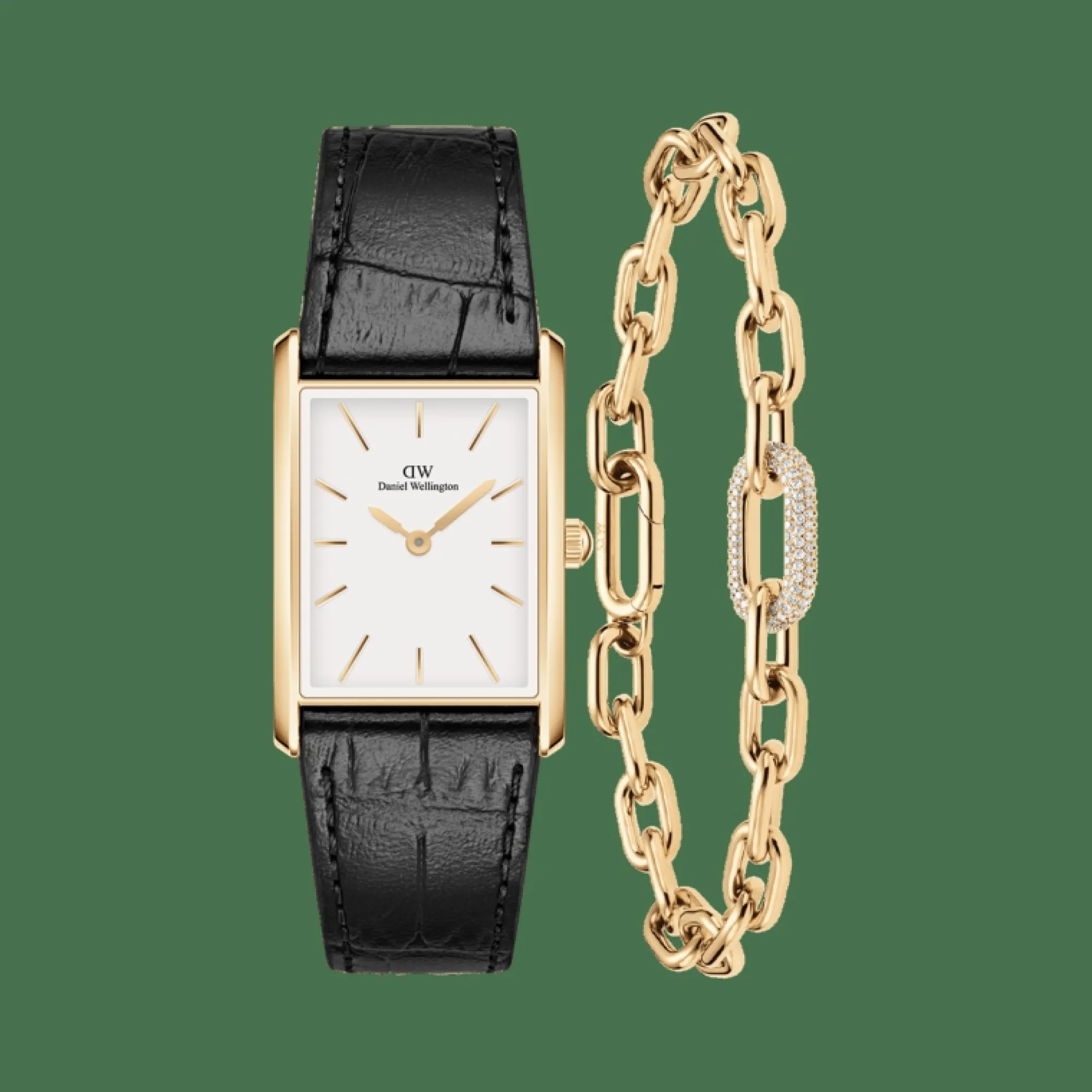 Damen Daniel Wellington Bound Black Crocodile & Crystal Link Bracelet Gold